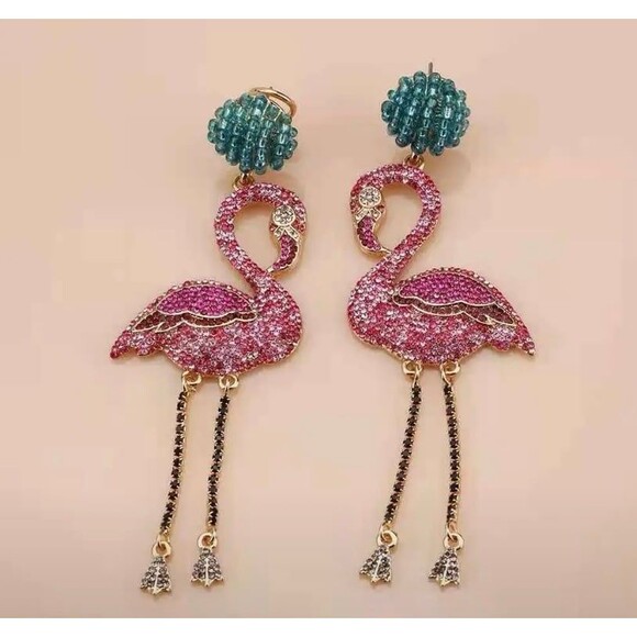Crystal Sparkle Flamingo Drop Earrings – Bold Statement Jewelry - Picture 1 of 9
